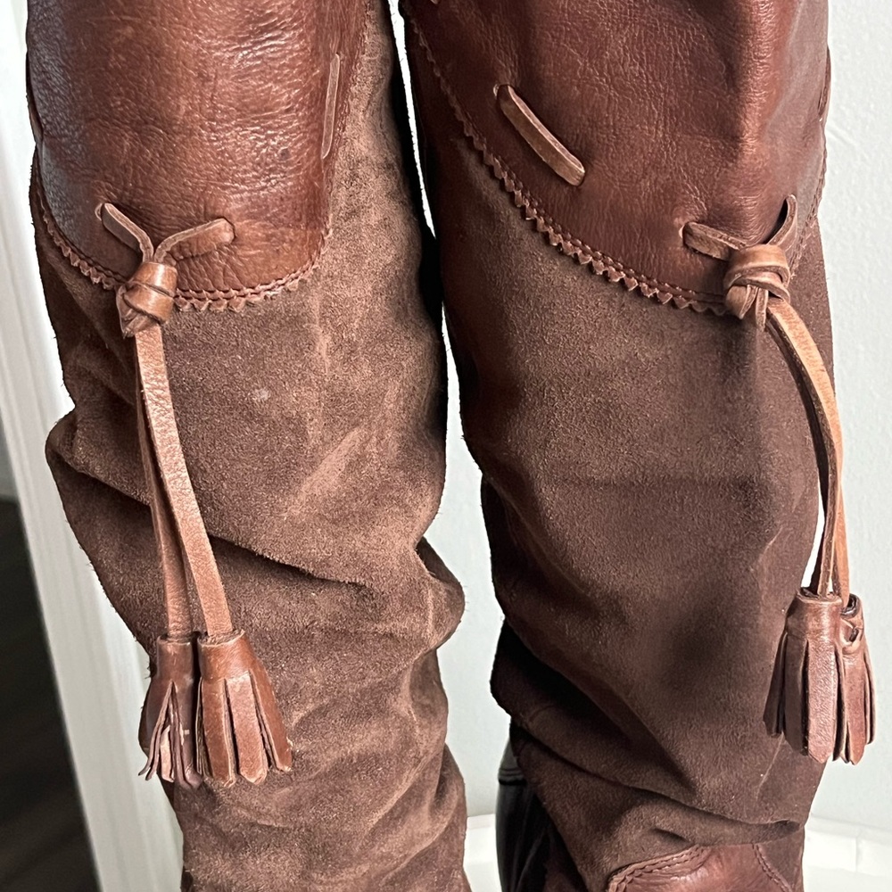Bronx Suede Leather Tassel Slouchy Scrunched Brown Tall Boots EU Size 40/ - Picture 8 of 16